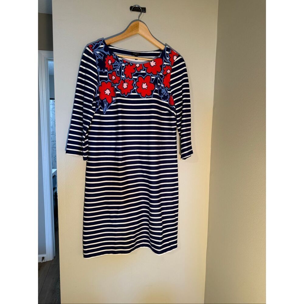 Talbots Size L Petite Blue & White Stripe Shift Dress Red Floral Neck 3/4 Sleeve - Picture 5 of 12